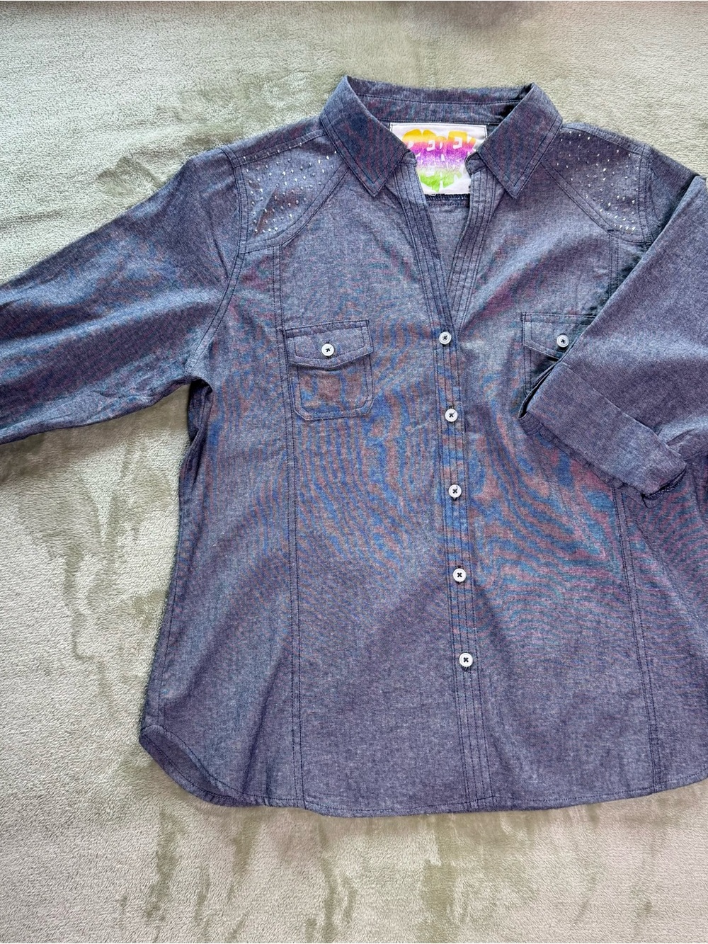 Derek Heart Rhinestone Chambray Shirt XL - Picture 3 of 11